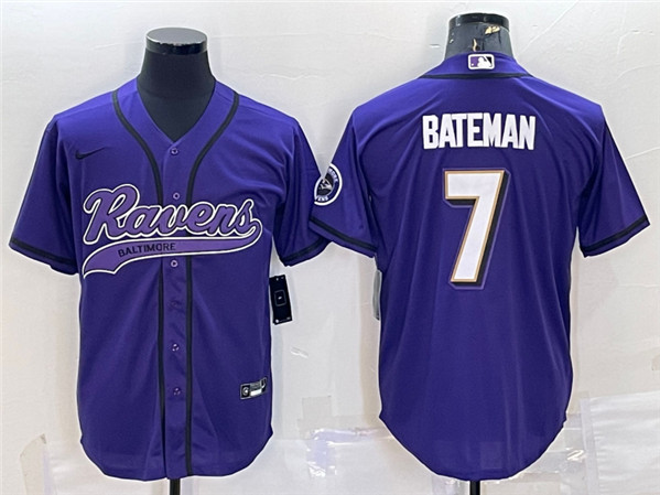 Men's Baltimore Ravens #7 Rashod Bateman Purple With Patch Cool Base Stitched Baseball Jersey